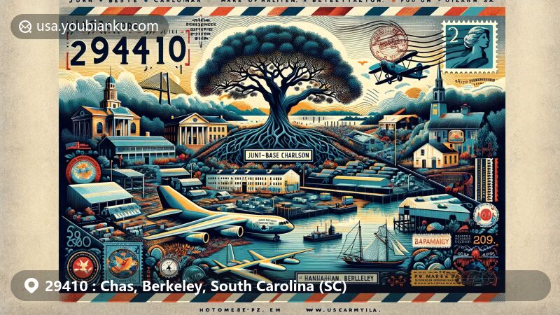 Modern illustration of Hanahan, Berkeley County, South Carolina, capturing ZIP code 29410 essence with Joint Base Charleston, Robintation Tree, and local flora against Cooper River backdrop.