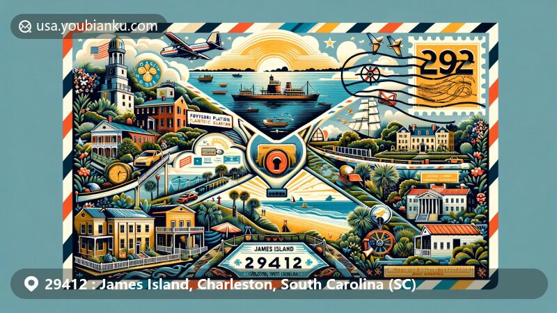 Modern illustration of James Island, Charleston, South Carolina, with elements showcasing local history and culture, including Fort Sumter, McLeod Plantation, Riverland Terrace, Folly Beach, and Melton Peter Demetre Park.