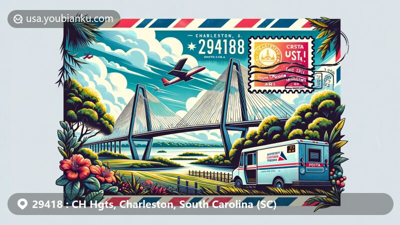 Artistic representation of Charleston, South Carolina, featuring Arthur Ravenel Jr. Bridge and postal theme with ZIP code 29418, set in lush greenery.