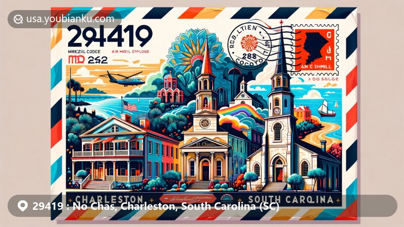 Modern illustration of No Chas, Charleston, South Carolina, featuring airmail envelope with St. Michael's Church, Nathaniel Russell House, and Rainbow Row, showcasing historical and architectural heritage.