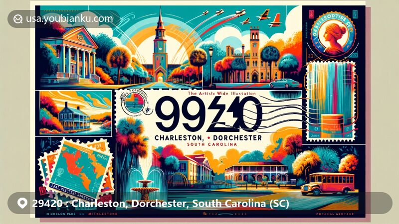 Modern illustration of Charleston and Dorchester, South Carolina, representing ZIP code 29420, featuring iconic landmarks like Drayton Hall, Middleton Place, and the Pineapple Fountain.