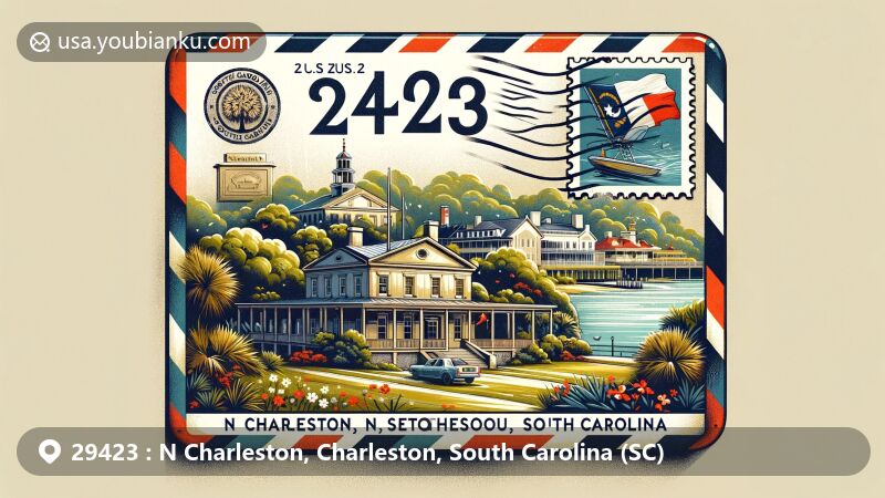 Modern illustration of N Charleston, Charleston, South Carolina, with vintage airmail envelope showcasing ZIP code 29423 and colorful postage stamp of South Carolina state flag.