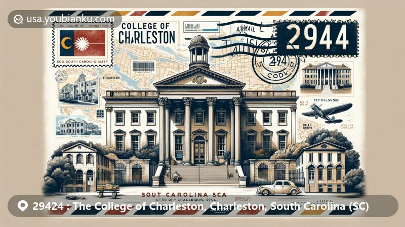Modern illustration of The College of Charleston, Charleston, South Carolina (SC), showcasing historic Randolph Hall with Ionic portico, state flag, Gate Lodge, Towell Library, and Charleston map, featuring College of Charleston logo and ZIP code 29424.