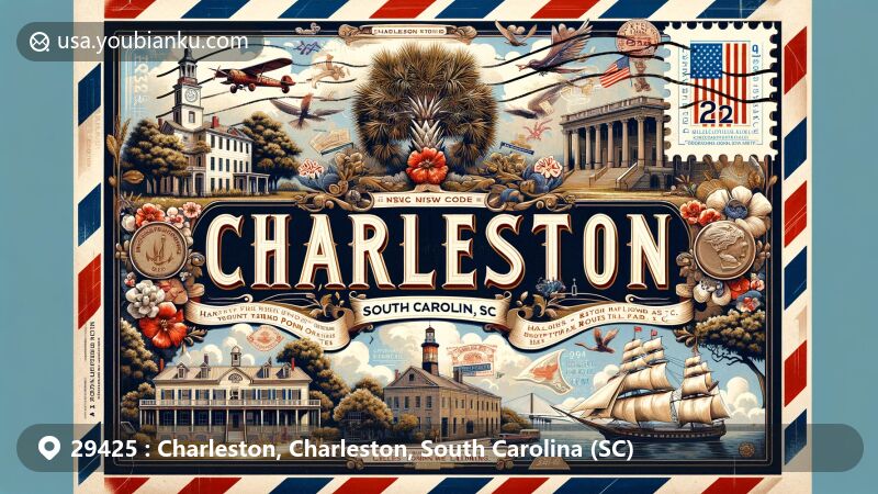 Modern illustration of Charleston, Charleston County, South Carolina, inspired by vintage airmail envelope with ZIP code 29425, showcasing iconic landmarks like Drayton Hall, Angel Oak Tree, and Patriots Point Naval Museum.
