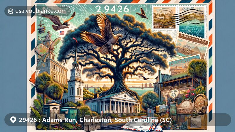 Modern illustration of Angel Oak Tree in Adams Run, Charleston County, South Carolina, with Wilkinson-Boineau House and Adams Run Post Office, showcasing Charleston's Antebellum architecture and vibrant art scene.
