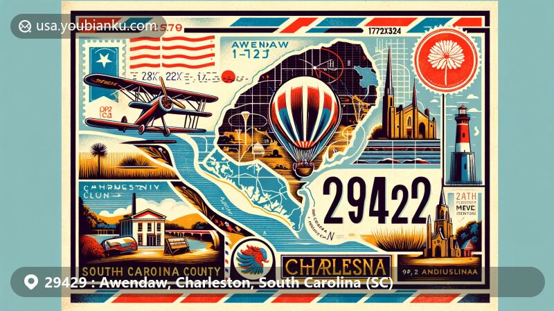 Modern illustration of Awendaw, Charleston County, South Carolina, featuring vintage airmail envelope with ZIP code 29429, highlighting Sewee Shell Mound and Awendaw Creek.