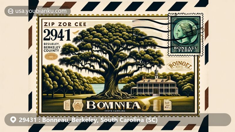 Modern illustration of Bonneau, Berkeley County, South Carolina, styled as an air mail envelope with Comingtee Plantation haunted tree stamp, Bonneau Ferry Plantation, and ZIP code 29431.