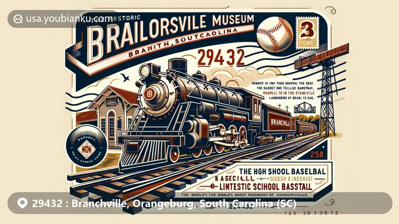 Modern illustration of Branchville, South Carolina, with Branchville Railroad Museum and Best Friend of Charleston steam locomotive replica, showcasing historical railroad character. Includes postal elements, ZIP code 29432, and symbolic baseball.