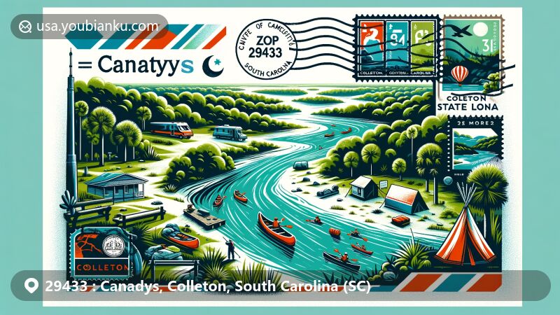 Modern illustration of Canadys, Colleton County, South Carolina, highlighting postal theme with ZIP code 29433, showcasing Colleton State Park in postcard format with Edisto River, camping, and canoeing symbols.