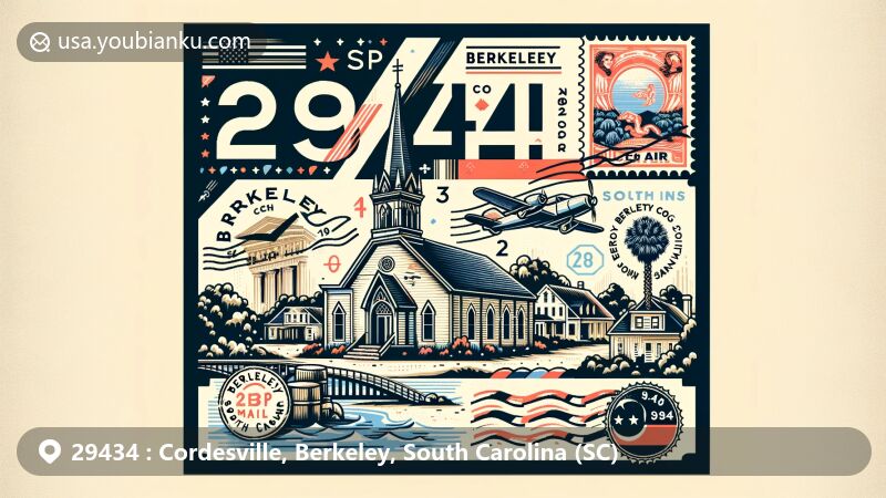 Modern illustration of Cordesville, Berkeley, South Carolina, featuring postcard design with ZIP code 29434, stamps, postmarks, and Taveau Church, as well as elements representing Berkeley County and South Carolina.