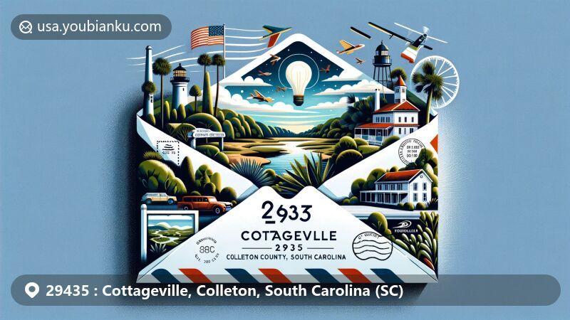 Modern illustration of Cottageville, Colleton County, South Carolina, featuring ZIP code 29435 and town's motto 'Growing Toward the Future' on an air mail envelope with iconic landmarks and serene natural landscapes.