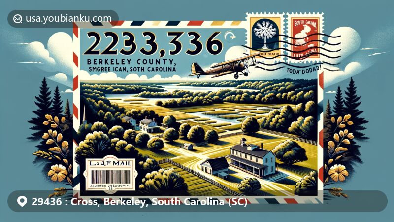 Modern illustration of the Cross area in Berkeley County, South Carolina, featuring lush forests, Lawson's Pond Plantation, and Loch Dhu within a classic air mail envelope design, emphasizing ZIP code 29436 and the state name.