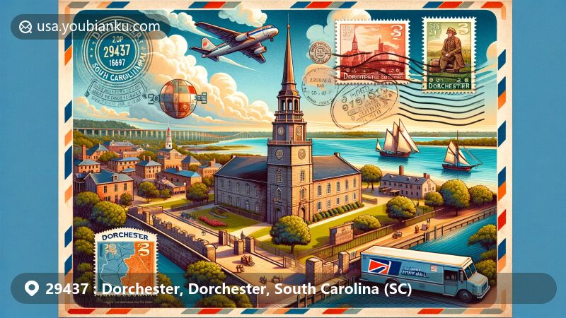 Modern illustration of Dorchester, South Carolina, for ZIP code 29437, featuring Colonial Dorchester State Historic Site with bell tower of St. George's Anglican Church and tabby fort, alongside Ashley River backdrop and postal elements like vintage stamps, postmark, and postal truck.