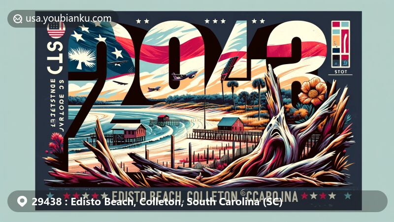 Vibrant illustration of Edisto Beach, Colleton County, South Carolina, featuring postal-themed design with ZIP code 29438, iconic landmarks like Boneyard Beach and Botany Bay Plantation.