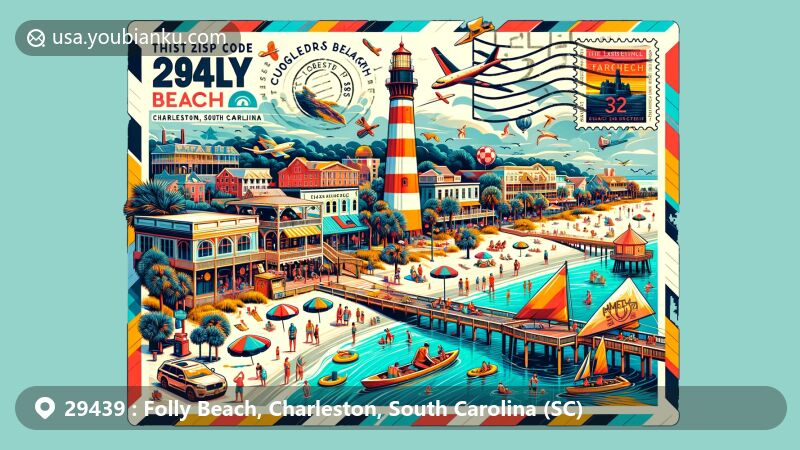 Modern illustration of Folly Beach, Charleston, South Carolina, featuring postal theme with ZIP code 29439, showcasing Morris Island Lighthouse, Folly Beach fishing pier, beach activities, and local seafood restaurants.