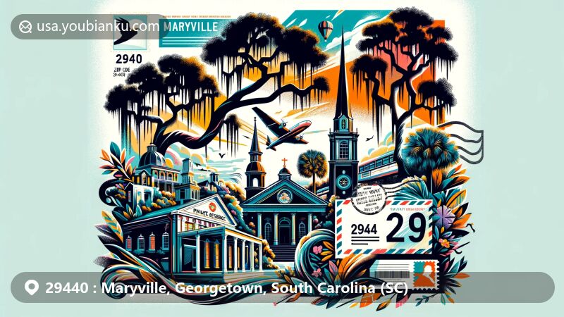 Modern illustration of Maryville area, Georgetown, SC, featuring notable landmarks like Prince George Winyah Parish Church, Strand Theater, and Rice Museum, integrated with postal elements and ZIP Code 29440. The design captures the city's historic charm and coastal beauty with live oak trees draped in Spanish moss.