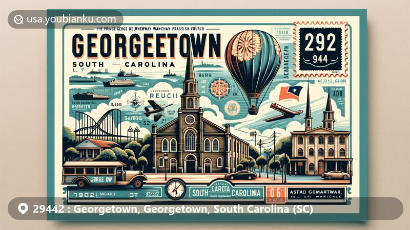 Modern illustration of Georgetown, South Carolina, showcasing postal theme with ZIP code 29442, featuring prominent landmarks like Prince George Winyah Parish Church, the Strand Theater, and the Rice Museum, along with the confluence of rivers at Winyah Bay.