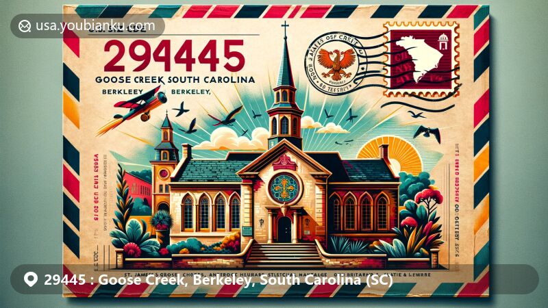 Modern illustration of Goose Creek, Berkeley County, South Carolina, featuring a stylized airmail envelope with ZIP code 29445, showcasing St. James Goose Creek Parish Church and South Carolina's cultural symbols.