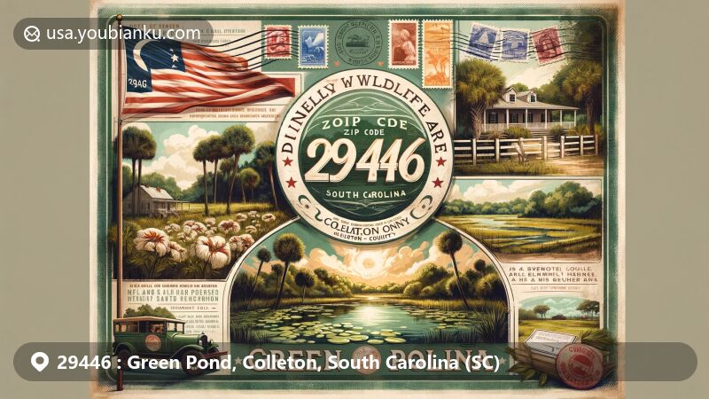Modern illustration of Green Pond, Colleton County, South Carolina, featuring a vintage-style postcard with local landmarks including Donnelley Wildlife Management Area and Mary's Island Plantation, highlighting the rural and historical charm.