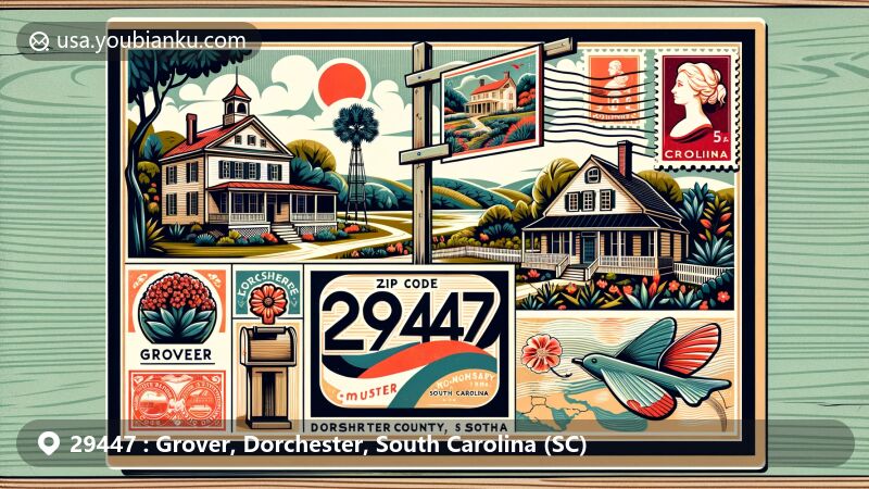 Modern illustration of Grover, Dorchester County, South Carolina, with a focus on postal theme showcasing Westbury Homestead and Koger-Murray-Carroll House, set in vibrant colors against South Carolina's lush landscapes.