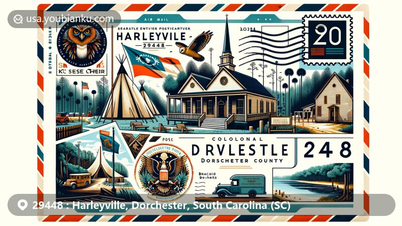 Modern illustration of Harleyville, Dorchester County, South Carolina, featuring St. Paul Camp Ground, Colonial Dorchester, and Francis Beidler Forest, with postal elements like a vintage postage stamp and mail truck.