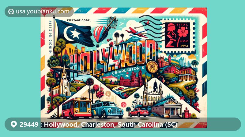 Colorful illustration of Hollywood, Charleston County, South Carolina, with vintage airmail envelope featuring ZIP code 29449, showcasing state flag, Charleston map outline, and iconic landmarks.
