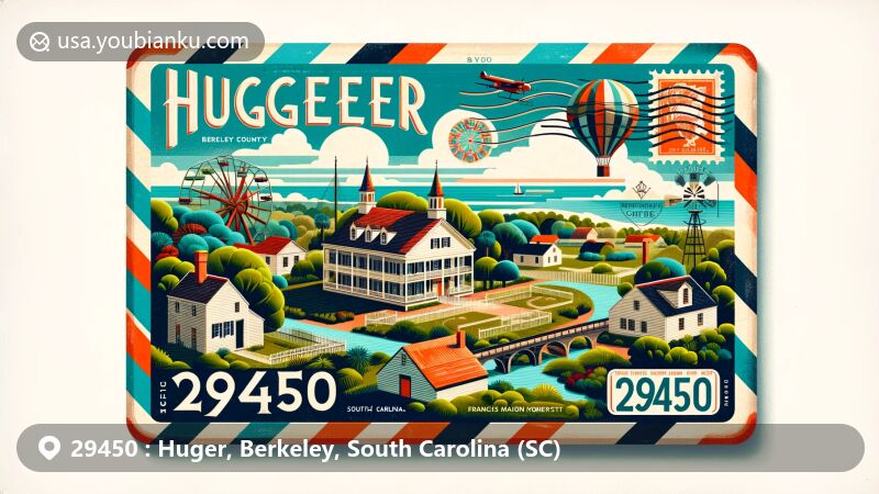 Modern illustration of Huger, Berkeley County, South Carolina, showcasing postal theme with ZIP code 29450, featuring Middleburg Plantation and the Cooper River.