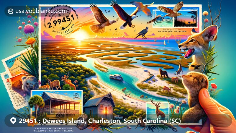Modern illustration of Dewees Island, Charleston, South Carolina, featuring barrier island nature, serene sunrise on the beach, local wildlife like bobcats and alligators, and the Landings Building.