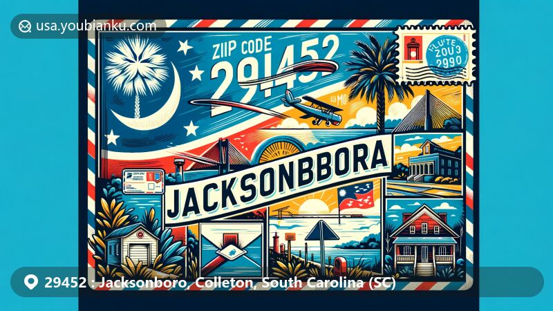 Modern illustration of Jacksonboro, Colleton County, South Carolina, featuring postal theme with ZIP code 29452, including state flag and iconic local elements.
