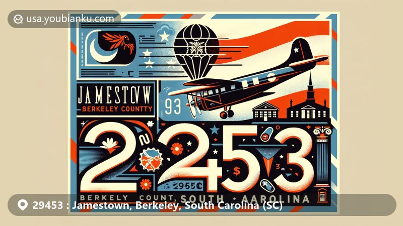 Vintage-style illustration of Jamestown, Berkeley County, South Carolina, showcasing postal theme with ZIP code 29453 and state symbolism.