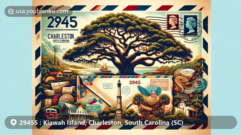 Modern illustration of Kiawah Island, Charleston, South Carolina, highlighting postal theme with ZIP code 29455, featuring Angel Oak Tree, Fort Sumter National Monument, and South Carolina state flag design.