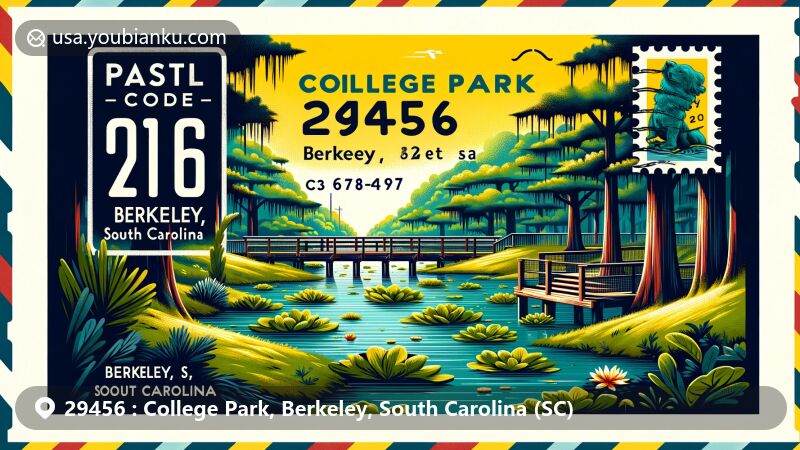 Modern illustration of College Park, Berkeley County, South Carolina, showcasing postal theme with ZIP code 29456, featuring Cypress Gardens's lush greenery, tranquil swamp, cypress trees, and wooden bridge.