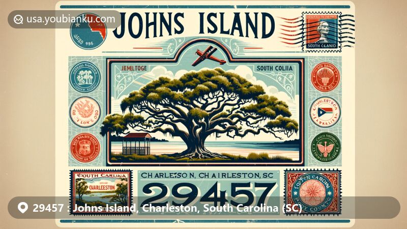 Modern illustration of ZIP Code 29457, featuring Angel Oak Tree in Johns Island, Charleston, South Carolina, with vintage postcard design and postal elements.