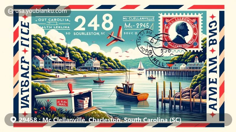 Modern illustration of Mc Clellanville, Charleston County, South Carolina, showcasing serene waters and Francis Marion National Forest, with vintage air mail envelope and South Carolina state flag stamp.