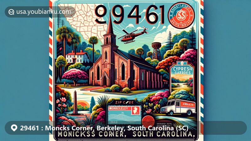 Modern illustration of Moncks Corner, Berkeley, South Carolina, featuring iconic Biggin Church Ruins and Cypress Gardens, with ZIP code 29461 and postal elements, highlighting local landmarks and natural beauty.