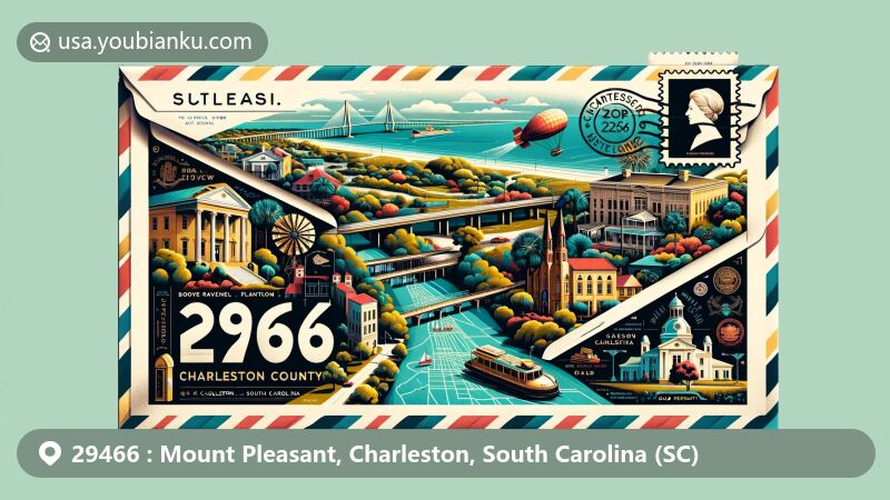 Modern illustration of Mount Pleasant, Charleston County, South Carolina, featuring postal theme with ZIP code 29466, highlighting iconic landmarks such as Arthur Ravenel Jr. Bridge, Boone Hall Plantation, Mount Pleasant Memorial Waterfront Park, and Old Village Historic District.