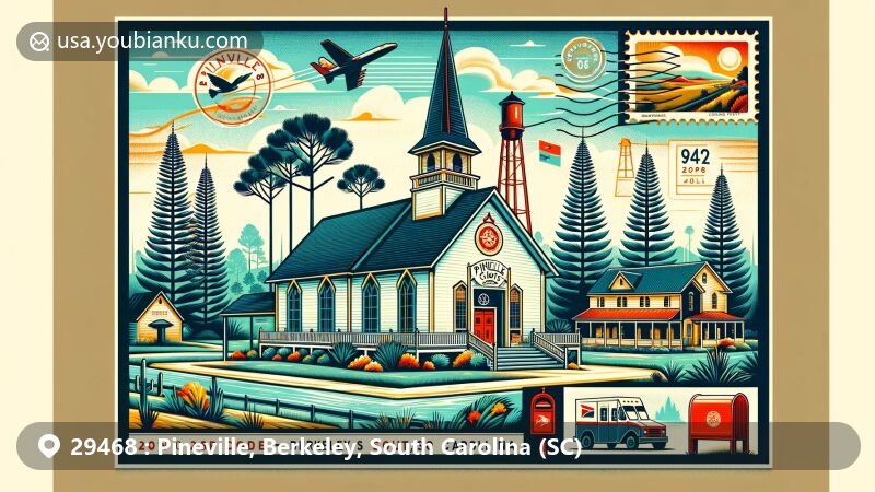 Creative interpretation of ZIP code 29468 area in Pineville, Berkeley, South Carolina, featuring stylized Pineville Chapel, pine trees, rolling hills, Lookout Tower, and postal elements.