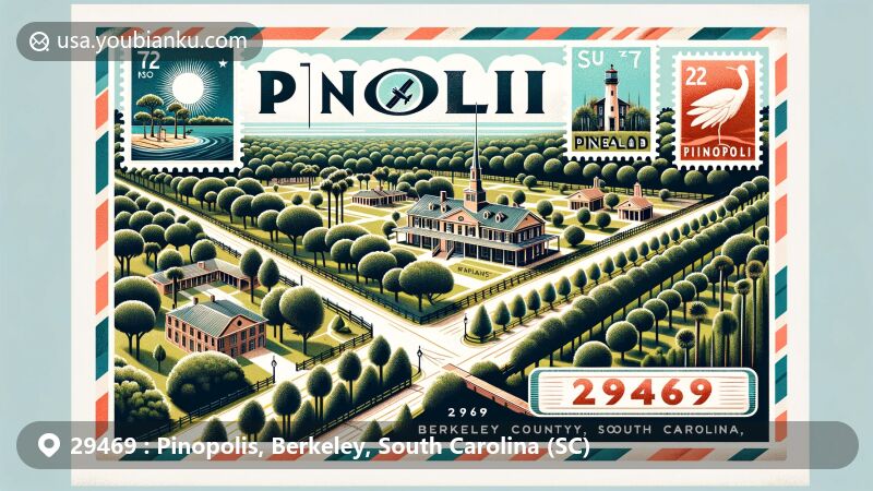 Modern illustration of Pinopolis, Berkeley County, South Carolina, showcasing historic Wampee Plantation and unique architectural styles from Pinopolis Historic District South, with lush long leaf pines. Postal theme includes stamps with South Carolina state flag, 'Pinopolis, SC 29469' postmark, and airmail-style border.