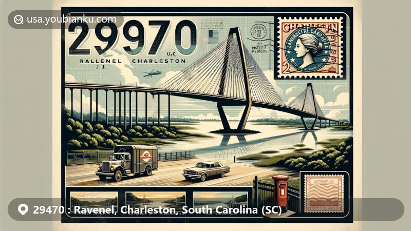 Modern illustration of Ravenel, Charleston, South Carolina (SC), featuring the Arthur Ravenel Jr. Bridge and postal theme with ZIP code 29470, showcasing lush landscapes and unique postal elements.