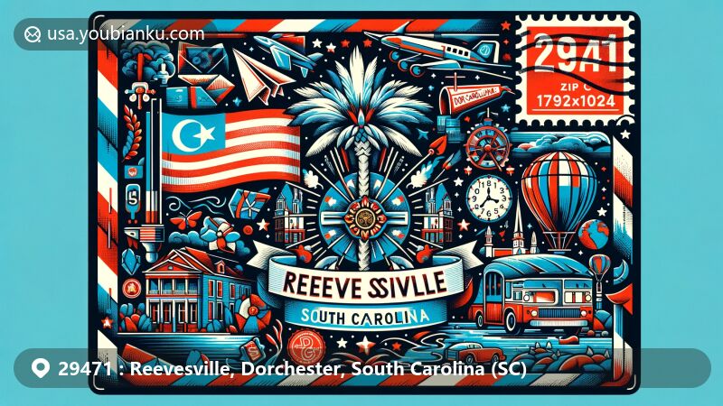 Creative depiction of Reevesville, Dorchester County, South Carolina, in a postage-themed illustration with ZIP Code 29471, featuring the state flag, local landmarks, and cultural symbols.
