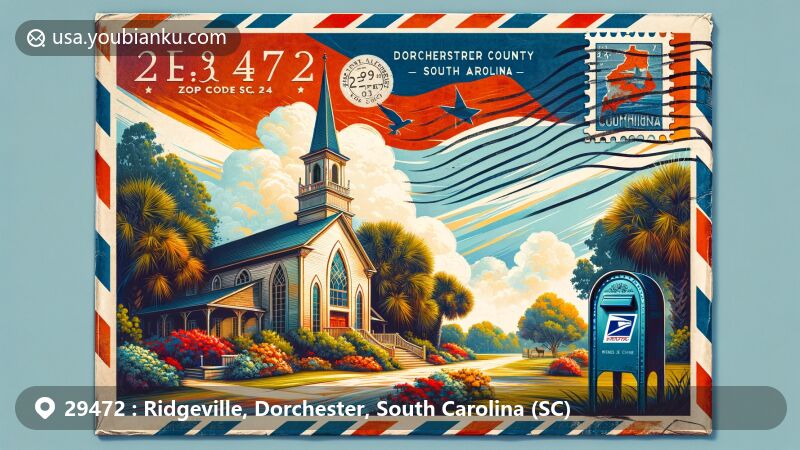 Modern illustration of Ridgeville, Dorchester County, South Carolina, featuring historic Cummings Chapel, green landscapes, and iconic USPS mailbox, with South Carolina state flag in the background.