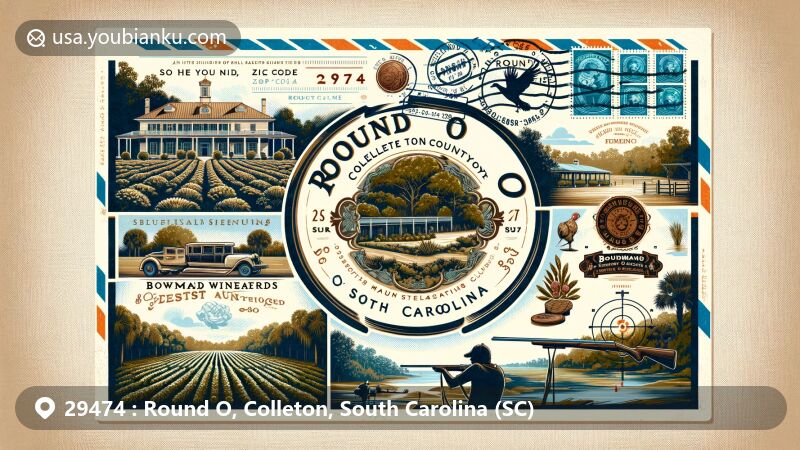 Modern illustration of Round O, Colleton County, South Carolina, depicting ZIP code 29474, featuring Round O Plantation, Bowman Vineyards, and Bluefield Shooting Club, integrating vintage postal elements like stamps and postmark.