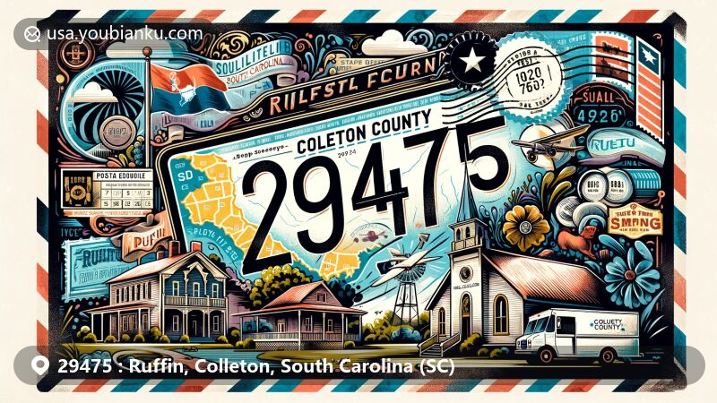 Modern illustration of Ruffin, Colleton County, South Carolina, styled as a creative postal envelope with ZIP code 29475, showcasing key local landmarks like Bedon-Lucas House and Ruffin Baptist Church.