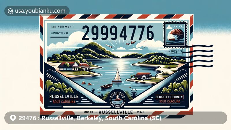Contemporary illustration of Russellville, Berkeley County, South Carolina, showcasing postal theme with ZIP code 29476, featuring Lake Moultrie and outdoor activities.