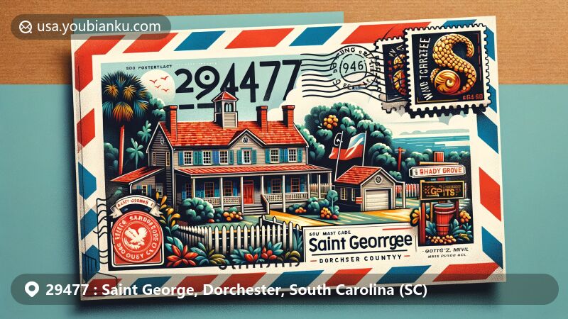 Vibrant illustration of Saint George, Dorchester County, South Carolina, showcasing historic Koger-Murray-Carroll House, Shady Grove Methodist Campground, and World Grits Festival.