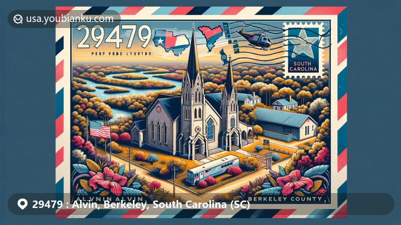 Artistic illustration of Alvin area in Berkeley County, South Carolina, inspired by ZIP Code 29479, featuring St. Stephen’s Episcopal Church and South Carolina's natural landscape.