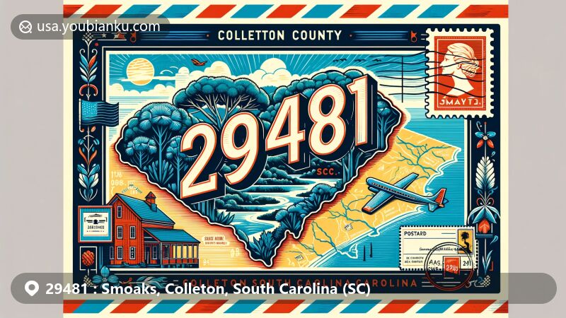 Vintage-style illustration of Smoaks, Colleton County, South Carolina, showcasing ZIP code 29481, featuring postcard design with Colleton County outline and South Carolina landscapes.