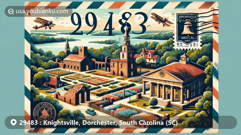 Modern illustration of Knightsville, Dorchester County, South Carolina, featuring ZIP code 29483, showcasing key landmarks like the Old White Meeting House ruins, Colonial Dorchester State Historic Site, and Middleton Place.