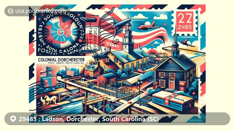 Modern illustration of Ladson, Dorchester County, South Carolina, showcasing postal theme with ZIP code 29485, featuring Colonial Dorchester State Historic Site and South Carolina state symbols.