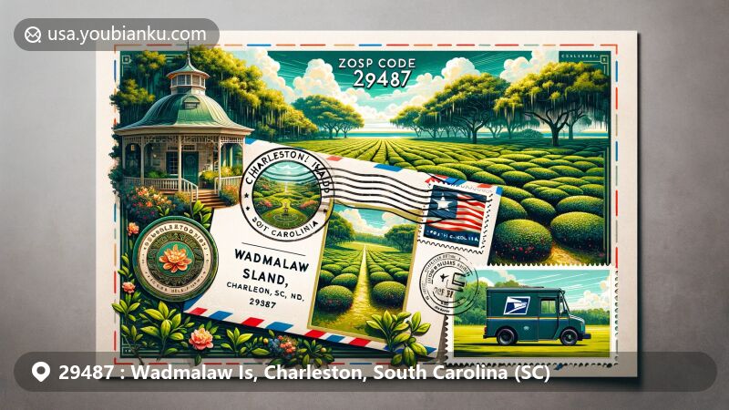 Postcard design for ZIP Code 29487, Wadmalaw Island, Charleston, South Carolina, featuring Charleston Tea Garden and postal theme with South Carolina state flag, postage stamp, postmark, and delivery truck.